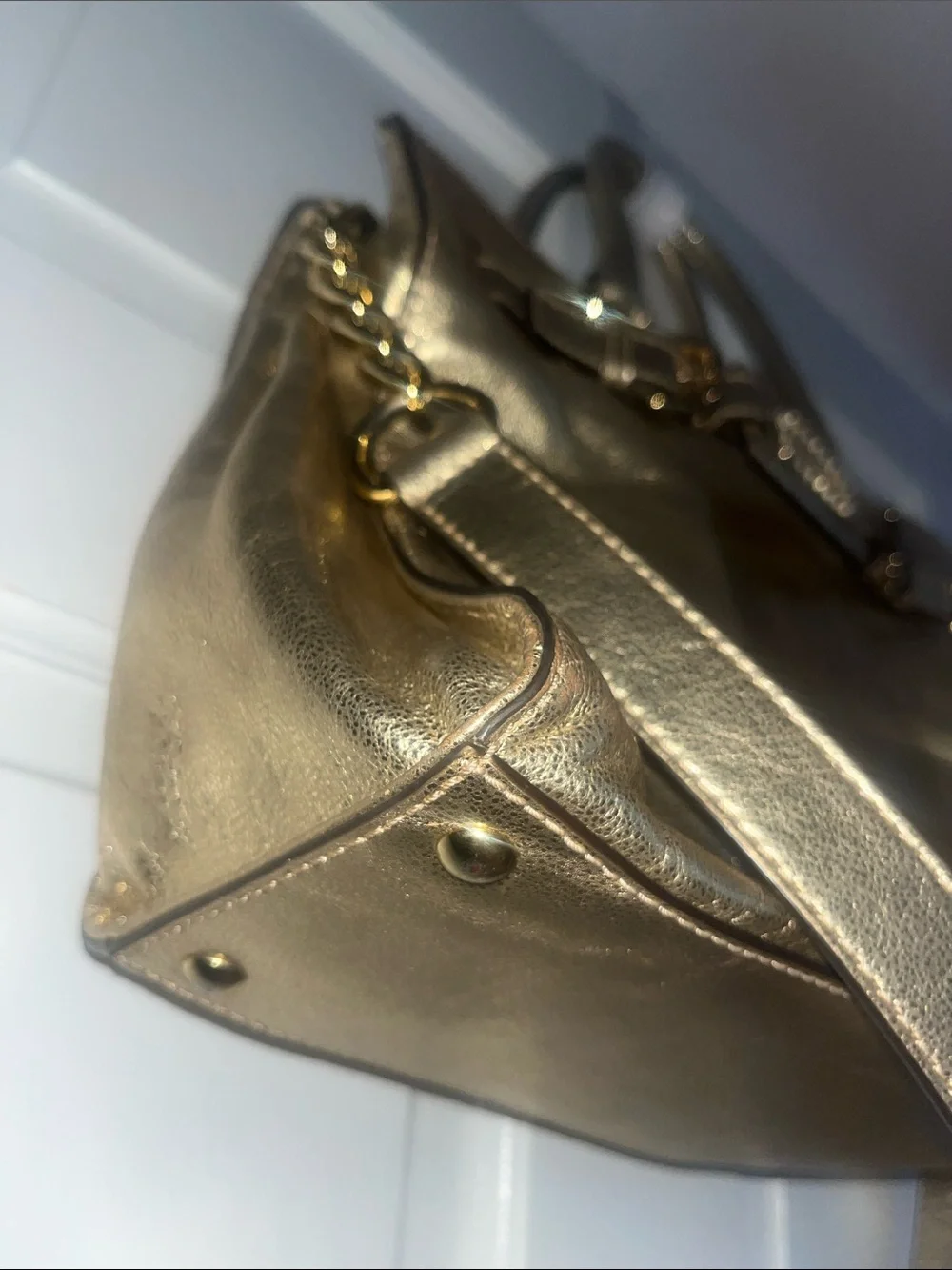 Michael Kors Metallic Gold Leather Tote with Chain-Detail Strap